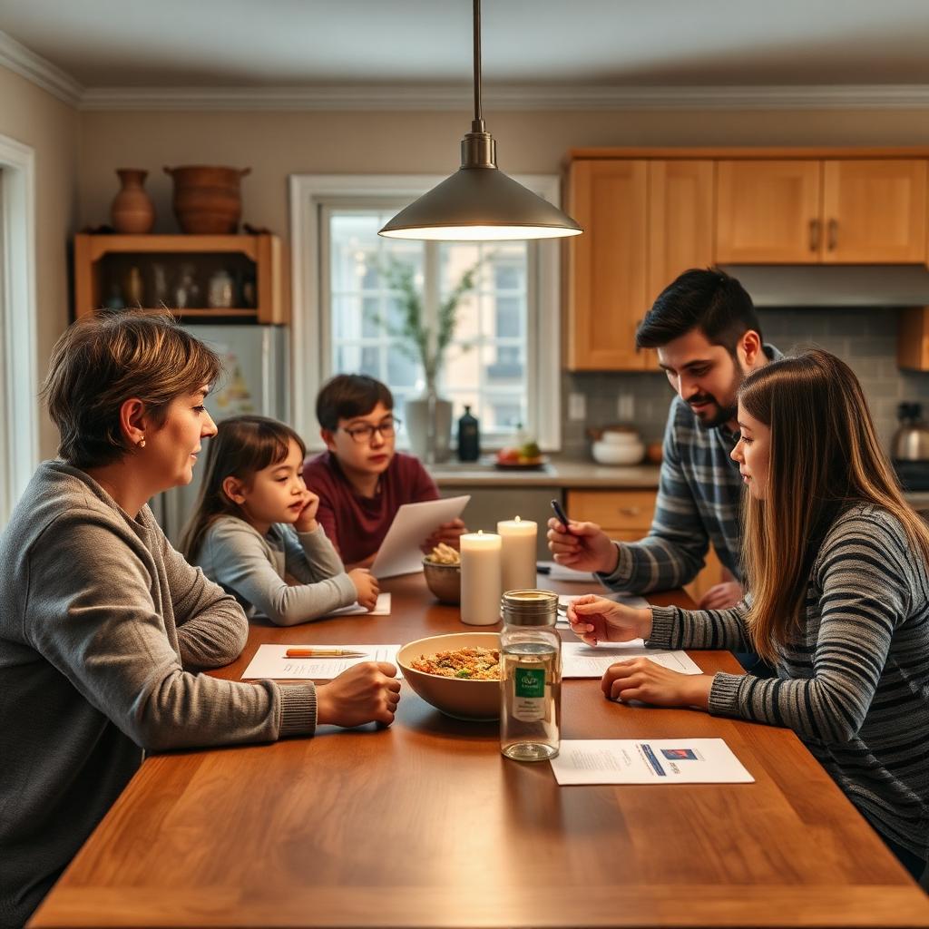 Multi-generational family discussing phone safety protocols and creating emergency verification procedures together